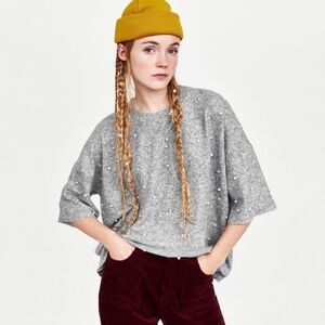Zara Pearl Embellished Crew Neck Oversized Sweater  Size Small in Gray